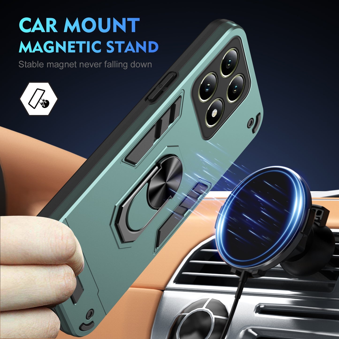 Shockproof Xiaomi 14T Phone Case with 360° Rotatable Metal Ring Holder, Magnetic Car Mount Stand, Ultra-Thin PC & Silicone Protection Cover