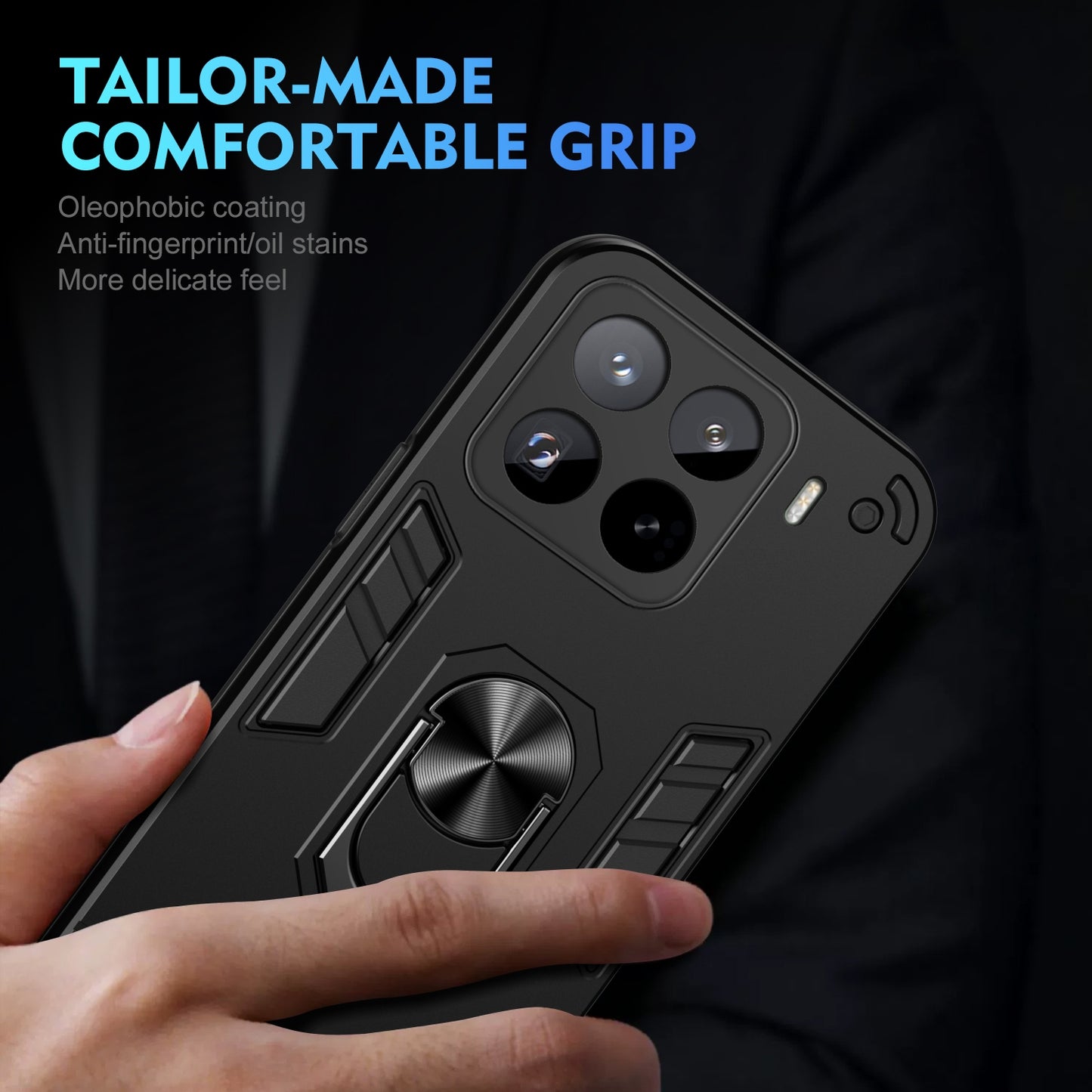 Shockproof Xiaomi 15 Pro Phone Case with 360° Rotatable Metal Ring Holder, Magnetic Car Mount Stand, Ultra-Thin PC & Silicone Protection Cover