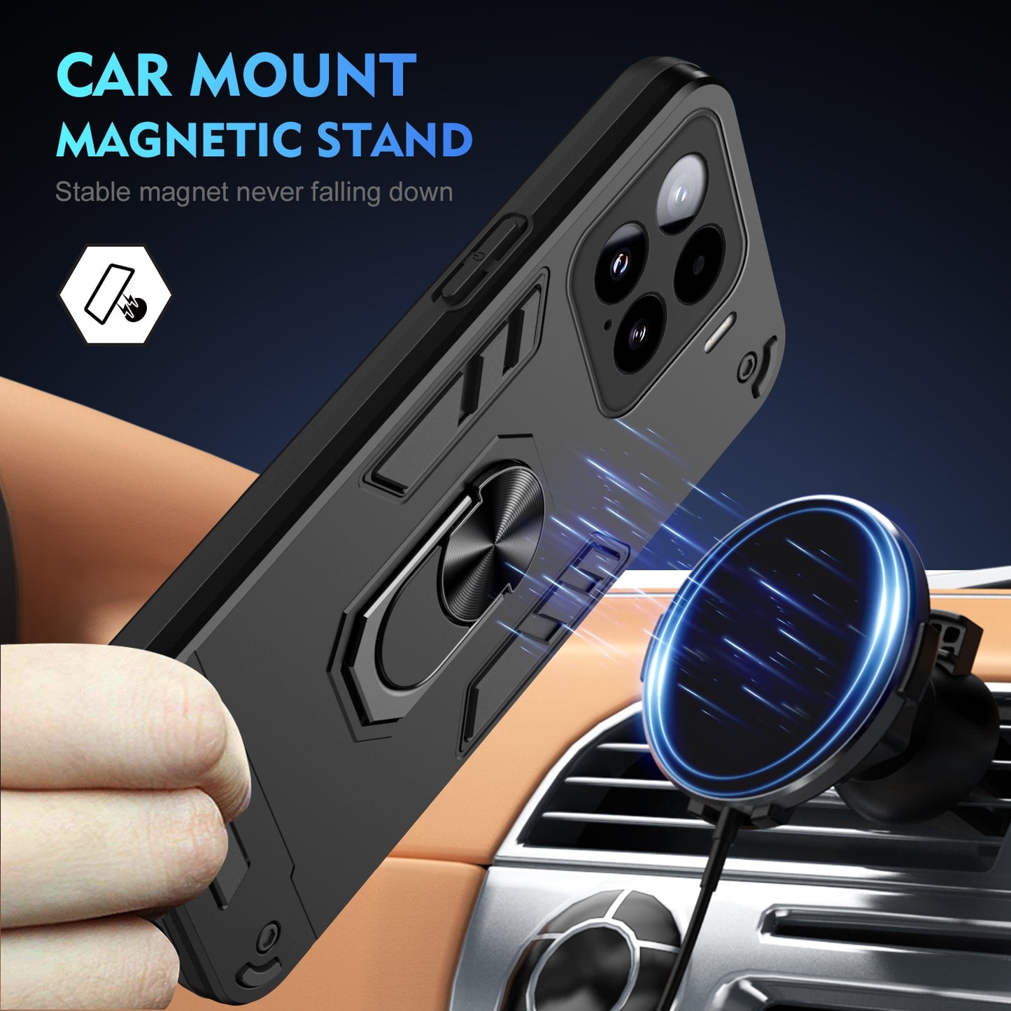 Shockproof Xiaomi 15 Phone Case with 360° Rotatable Metal Ring Holder, Magnetic Car Mount Stand, Ultra-Thin PC & Silicone Protection Cover
