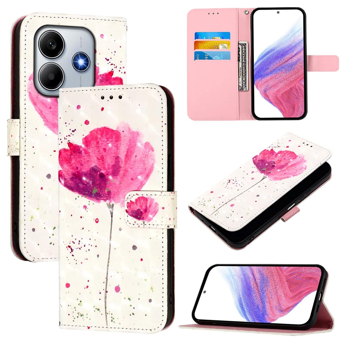 Redmi Note 14 4G 163.25mm Leather Flip Phone Case with 3D Painted Design, Card Holder, Wallet & Stand Function - Durable Protection & Easy Access