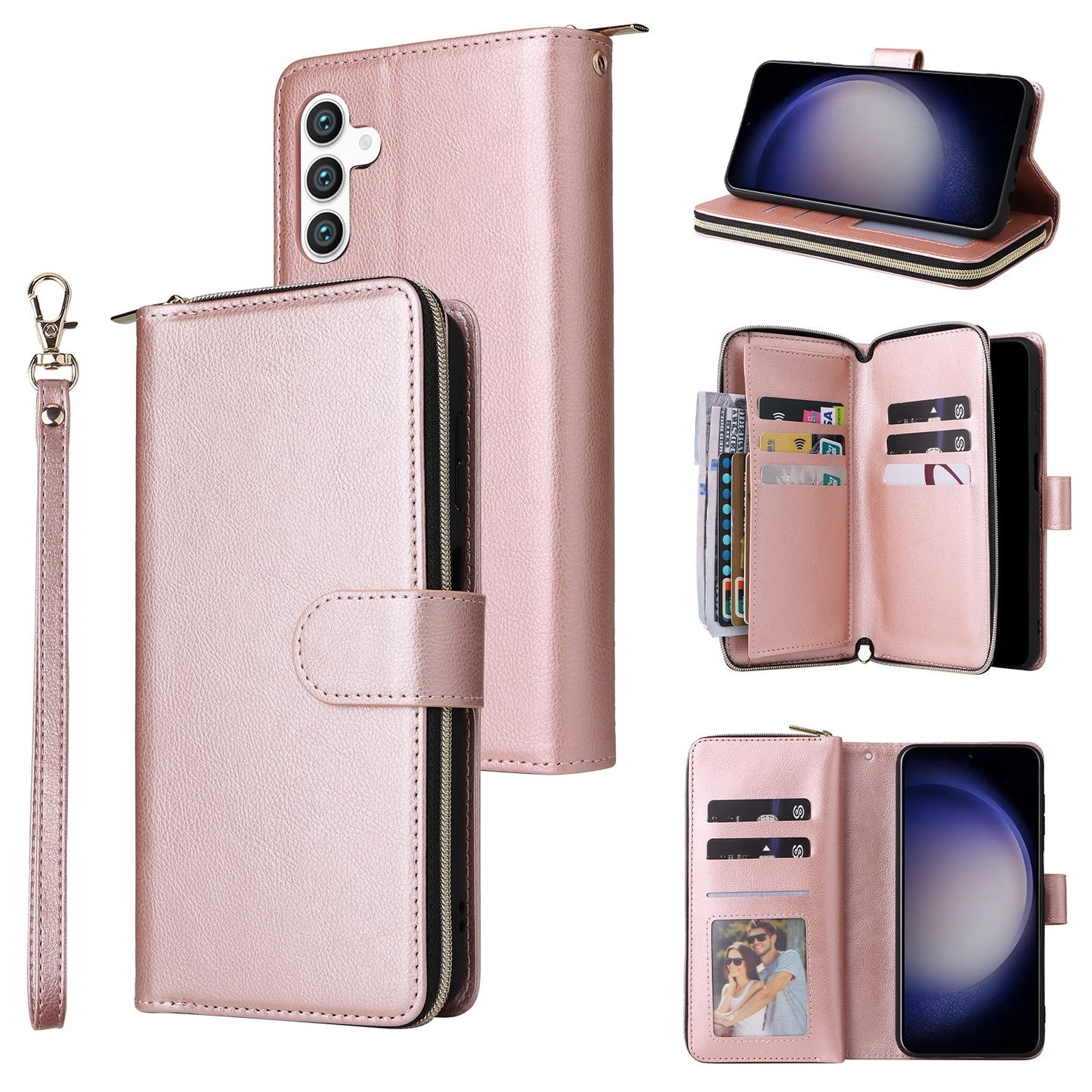 Samsung Galaxy S25 5G Leather Wallet Case with 9 Card Slots, Zipped Cash Pocket & Kickstand - Premium PU TPU Protective Cover with Wrist Strap