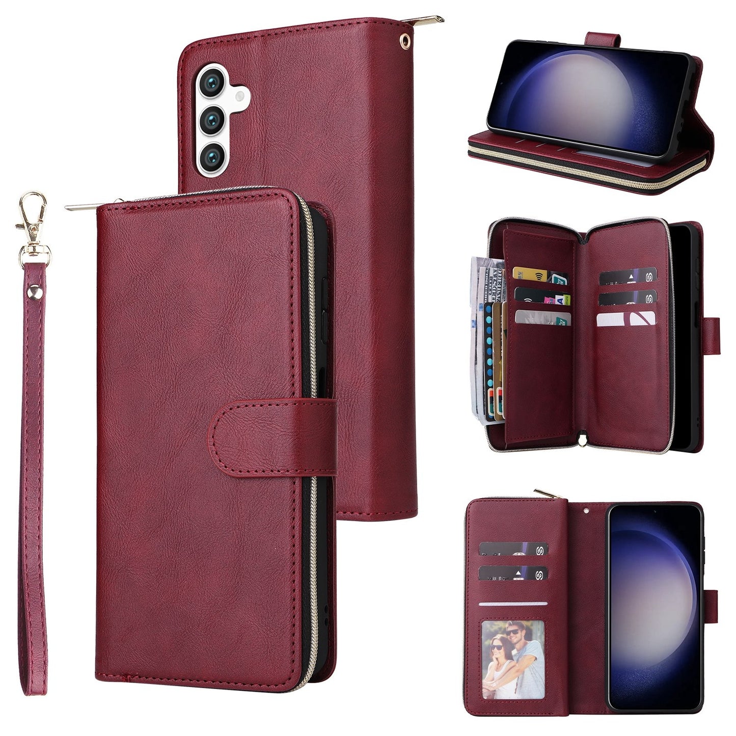 Samsung Galaxy S25 5G Leather Wallet Case with 9 Card Slots, Zipped Cash Pocket & Kickstand - Premium PU TPU Protective Cover with Wrist Strap