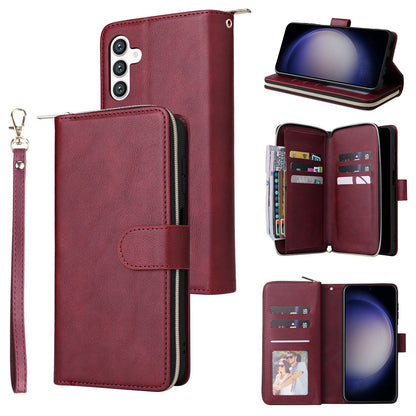 Samsung Galaxy S25 5G Leather Wallet Case with 9 Card Slots, Zipped Cash Pocket & Kickstand - Premium PU TPU Protective Cover with Wrist Strap