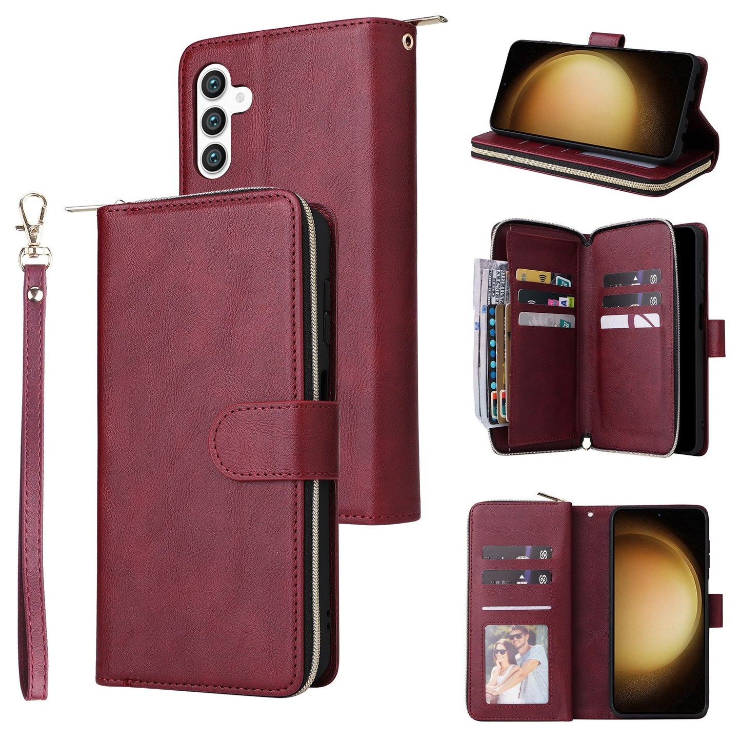 Samsung Galaxy S25+ 5G Leather Wallet Case with 9 Card Slots, Zipped Cash Pocket & Kickstand - Premium PU TPU Protective Cover with Wrist Strap