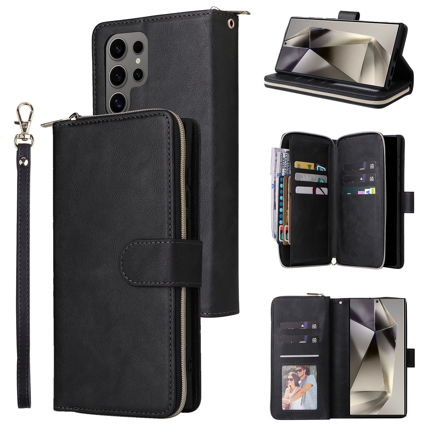 Samsung Galaxy S25 Ultra 5G Leather Wallet Case with 9 Card Slots, Zipped Cash Pocket & Kickstand - Premium PU TPU Protective Cover with Wrist Strap
