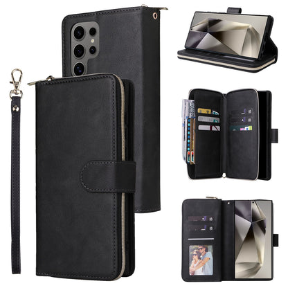 Samsung Galaxy S25 Ultra 5G Leather Wallet Case with 9 Card Slots, Zipped Cash Pocket & Kickstand - Premium PU TPU Protective Cover with Wrist Strap