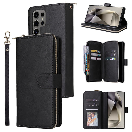 Samsung Galaxy S25 Ultra 5G Leather Wallet Case with 9 Card Slots, Zipped Cash Pocket & Kickstand - Premium PU TPU Protective Cover with Wrist Strap