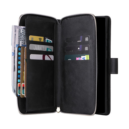 Samsung Galaxy S25 Ultra 5G Leather Wallet Case with 9 Card Slots, Zipped Cash Pocket & Kickstand - Premium PU TPU Protective Cover with Wrist Strap