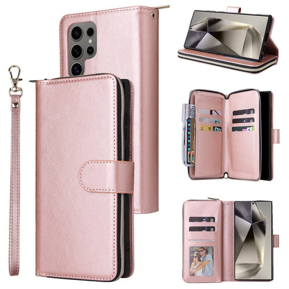 Samsung Galaxy S25 Ultra 5G Leather Wallet Case with 9 Card Slots, Zipped Cash Pocket & Kickstand - Premium PU TPU Protective Cover with Wrist Strap