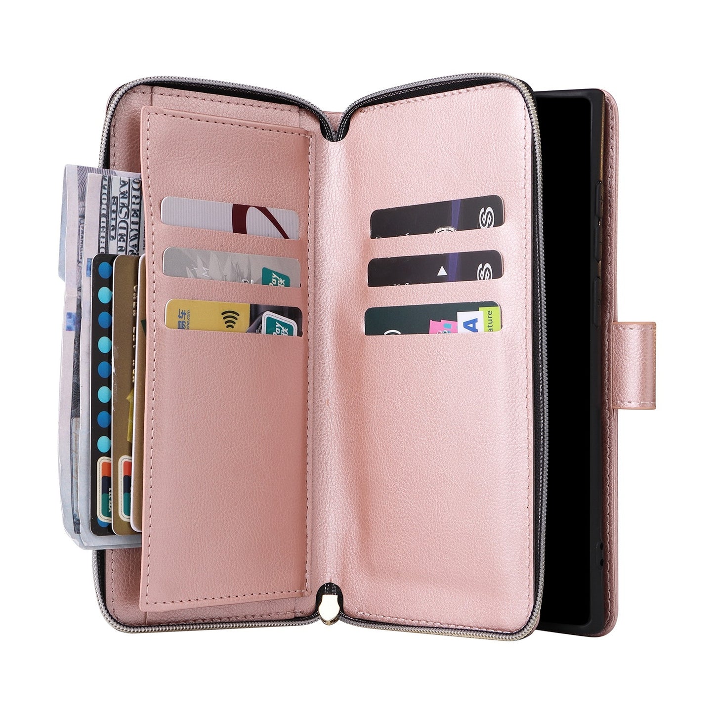 Samsung Galaxy S25 Ultra 5G Leather Wallet Case with 9 Card Slots, Zipped Cash Pocket & Kickstand - Premium PU TPU Protective Cover with Wrist Strap