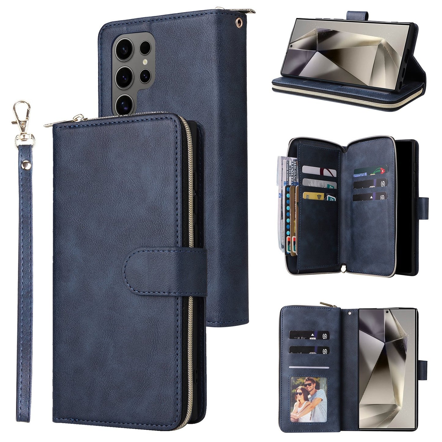 Samsung Galaxy S25 Ultra 5G Leather Wallet Case with 9 Card Slots, Zipped Cash Pocket & Kickstand - Premium PU TPU Protective Cover with Wrist Strap