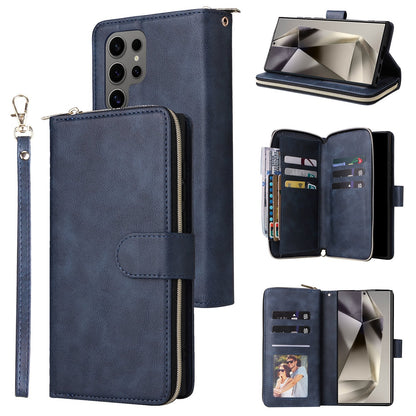 Samsung Galaxy S25 Ultra 5G Leather Wallet Case with 9 Card Slots, Zipped Cash Pocket & Kickstand - Premium PU TPU Protective Cover with Wrist Strap