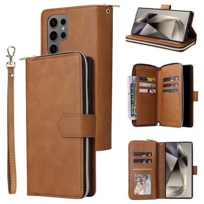 Samsung Galaxy S25 Ultra 5G Leather Wallet Case with 9 Card Slots, Zipped Cash Pocket & Kickstand - Premium PU TPU Protective Cover with Wrist Strap