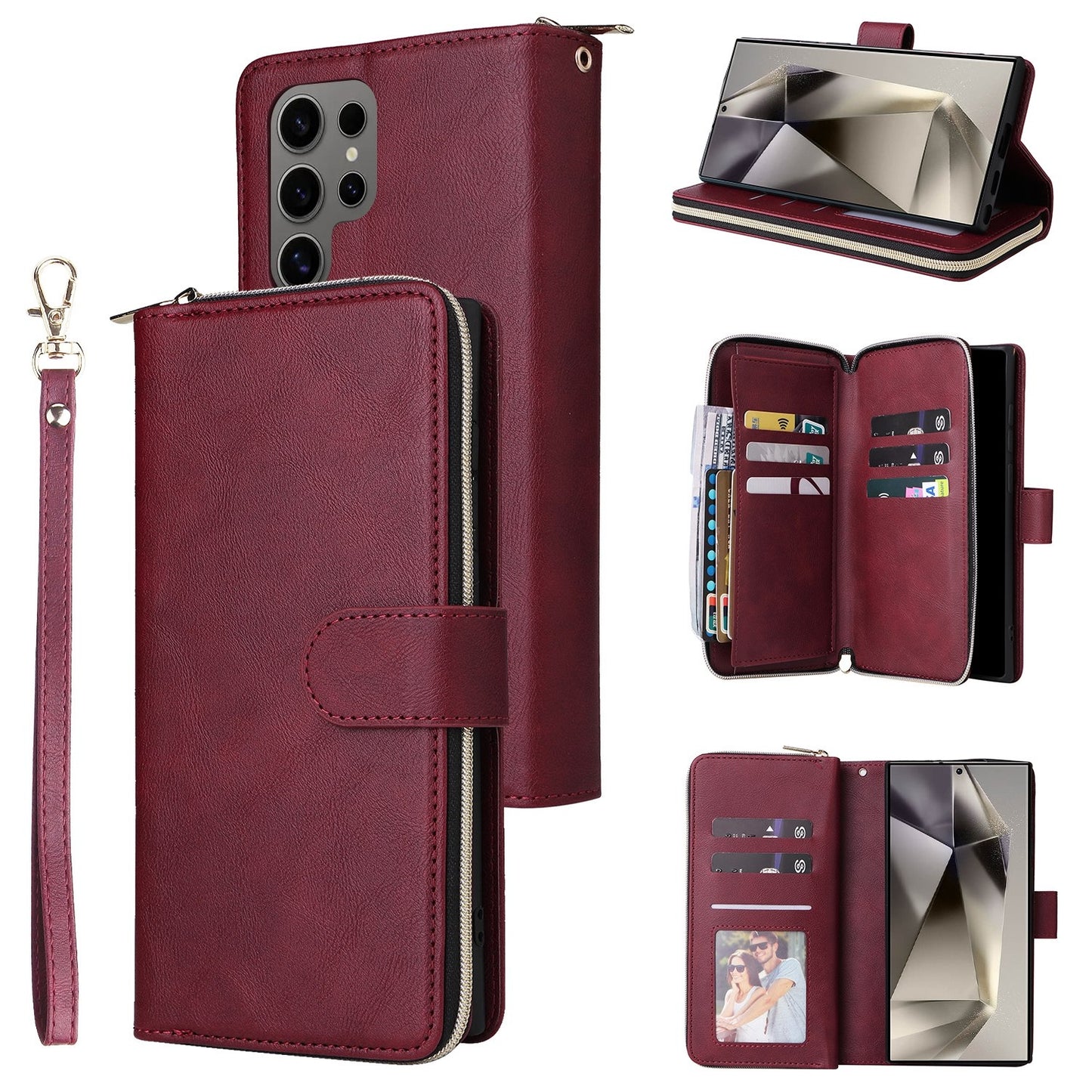 Samsung Galaxy S25 Ultra 5G Leather Wallet Case with 9 Card Slots, Zipped Cash Pocket & Kickstand - Premium PU TPU Protective Cover with Wrist Strap