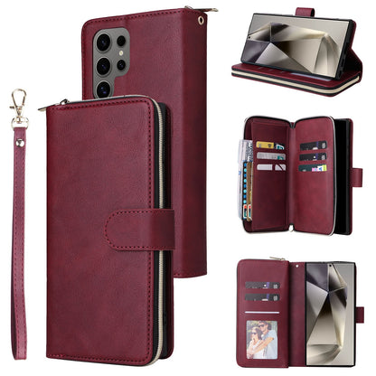 Samsung Galaxy S25 Ultra 5G Leather Wallet Case with 9 Card Slots, Zipped Cash Pocket & Kickstand - Premium PU TPU Protective Cover with Wrist Strap