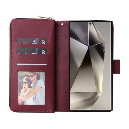Samsung Galaxy S25 Ultra 5G Leather Wallet Case with 9 Card Slots, Zipped Cash Pocket & Kickstand - Premium PU TPU Protective Cover with Wrist Strap
