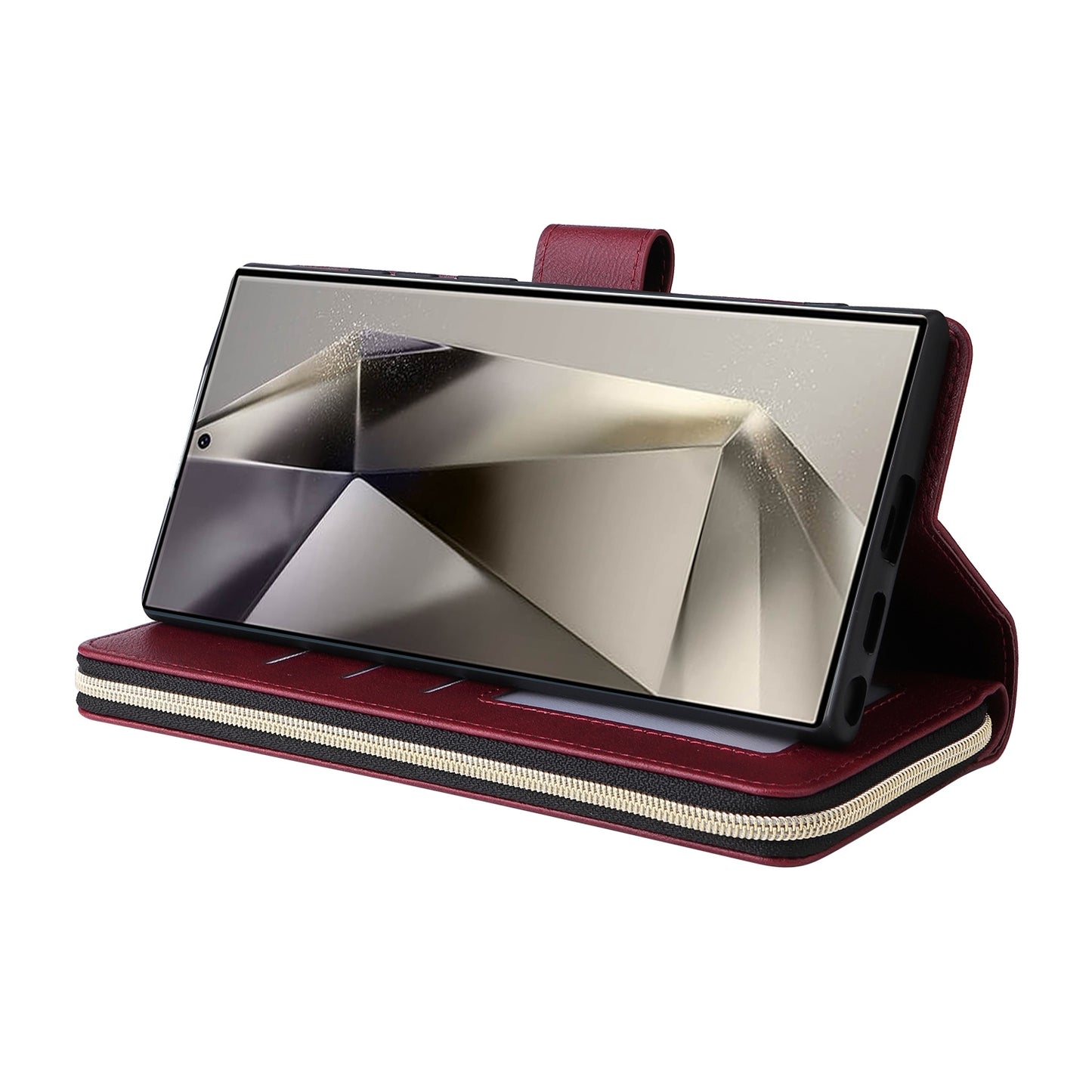 Samsung Galaxy S25 Ultra 5G Leather Wallet Case with 9 Card Slots, Zipped Cash Pocket & Kickstand - Premium PU TPU Protective Cover with Wrist Strap