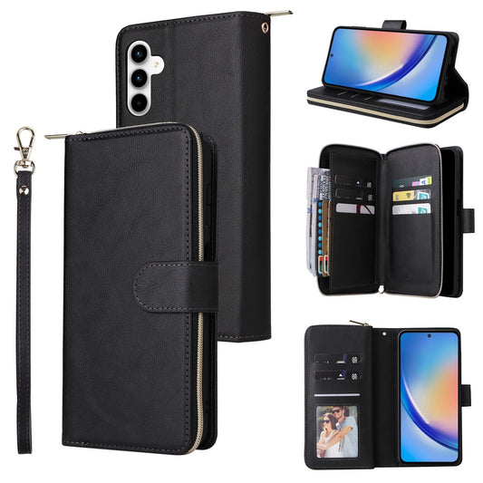 Samsung Galaxy A35 5G Leather Wallet Case with 9 Card Slots, Zipped Cash Pocket & Kickstand - Premium PU TPU Protective Cover with Wrist Strap
