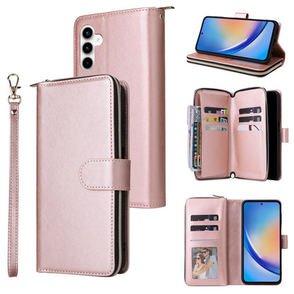 Samsung Galaxy A35 5G Leather Wallet Case with 9 Card Slots, Zipped Cash Pocket & Kickstand - Premium PU TPU Protective Cover with Wrist Strap
