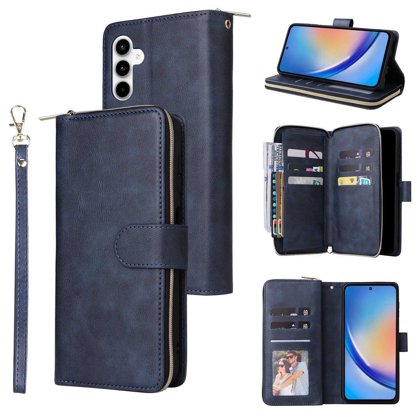 Samsung Galaxy A35 5G Leather Wallet Case with 9 Card Slots, Zipped Cash Pocket & Kickstand - Premium PU TPU Protective Cover with Wrist Strap