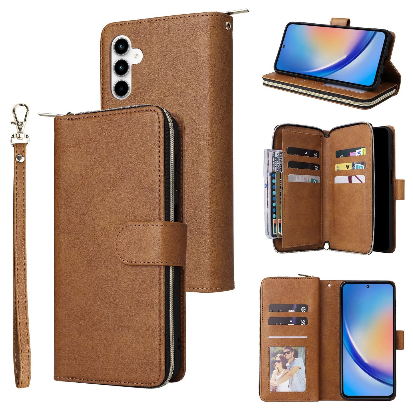 Samsung Galaxy A35 5G Leather Wallet Case with 9 Card Slots, Zipped Cash Pocket & Kickstand - Premium PU TPU Protective Cover with Wrist Strap