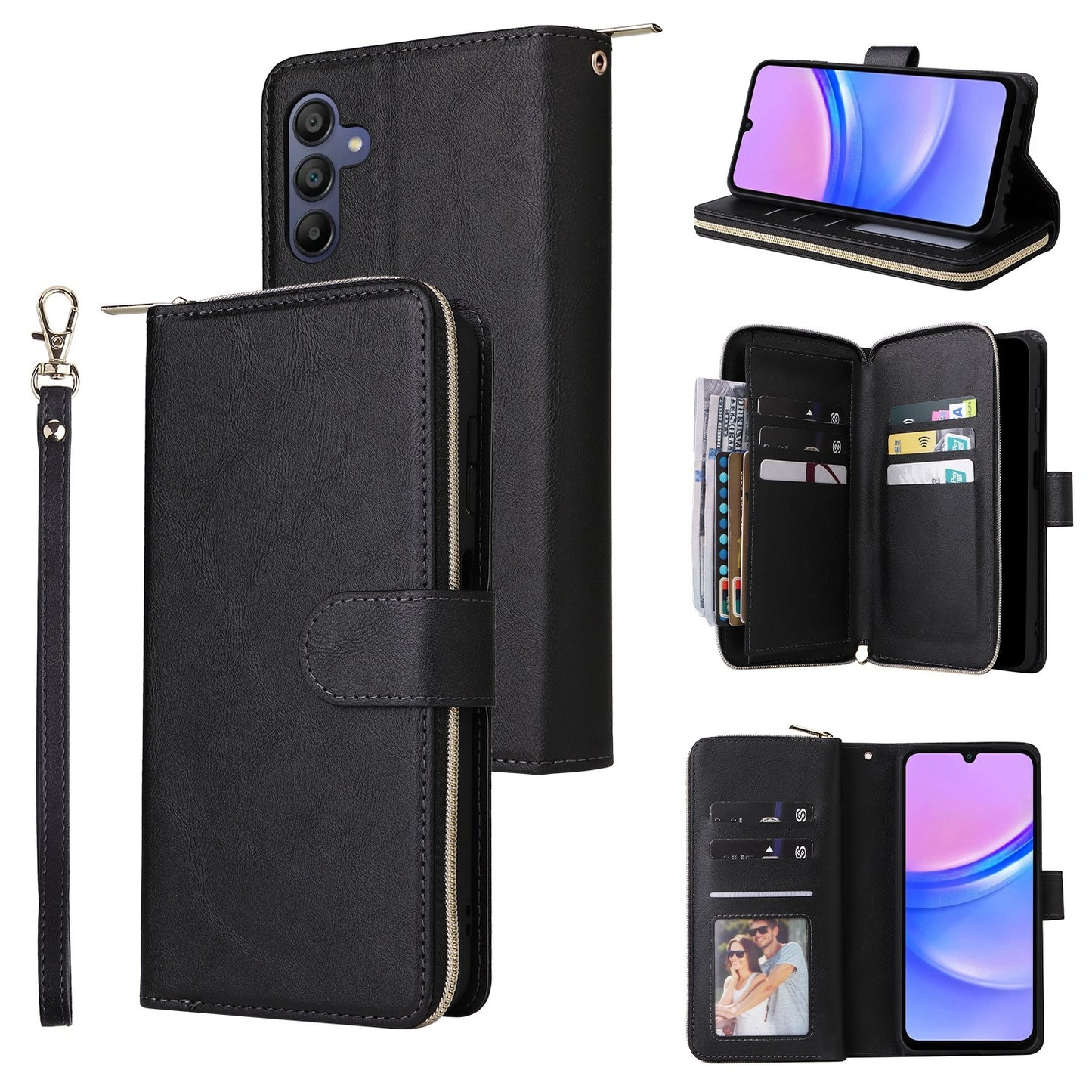 Samsung Galaxy A16 5G Leather Wallet Case with 9 Card Slots, Zipped Cash Pocket & Kickstand - Premium PU TPU Protective Cover with Wrist Strap