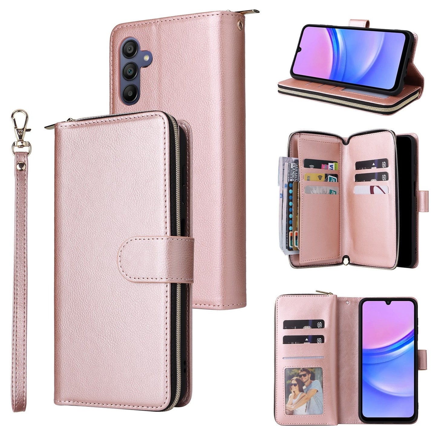 Samsung Galaxy A16 5G Leather Wallet Case with 9 Card Slots, Zipped Cash Pocket & Kickstand - Premium PU TPU Protective Cover with Wrist Strap