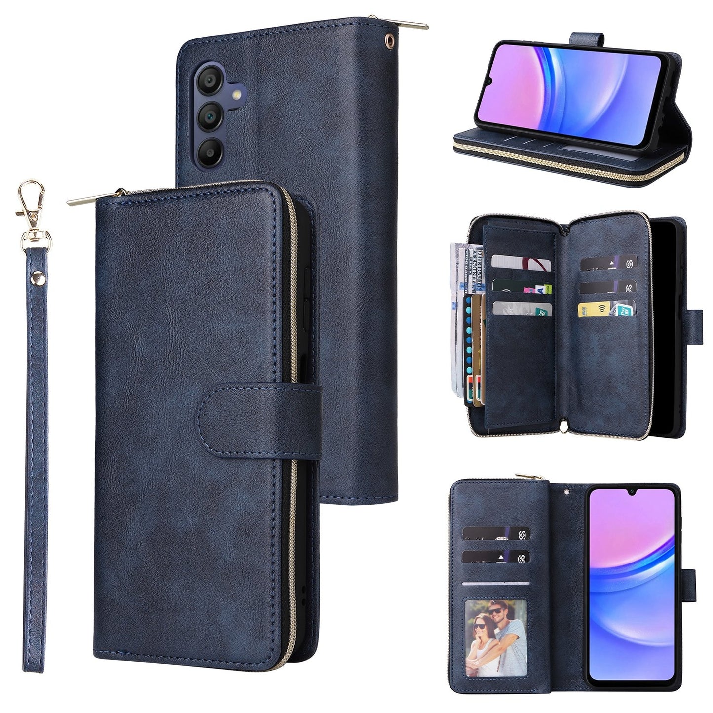 Samsung Galaxy A16 5G Leather Wallet Case with 9 Card Slots, Zipped Cash Pocket & Kickstand - Premium PU TPU Protective Cover with Wrist Strap
