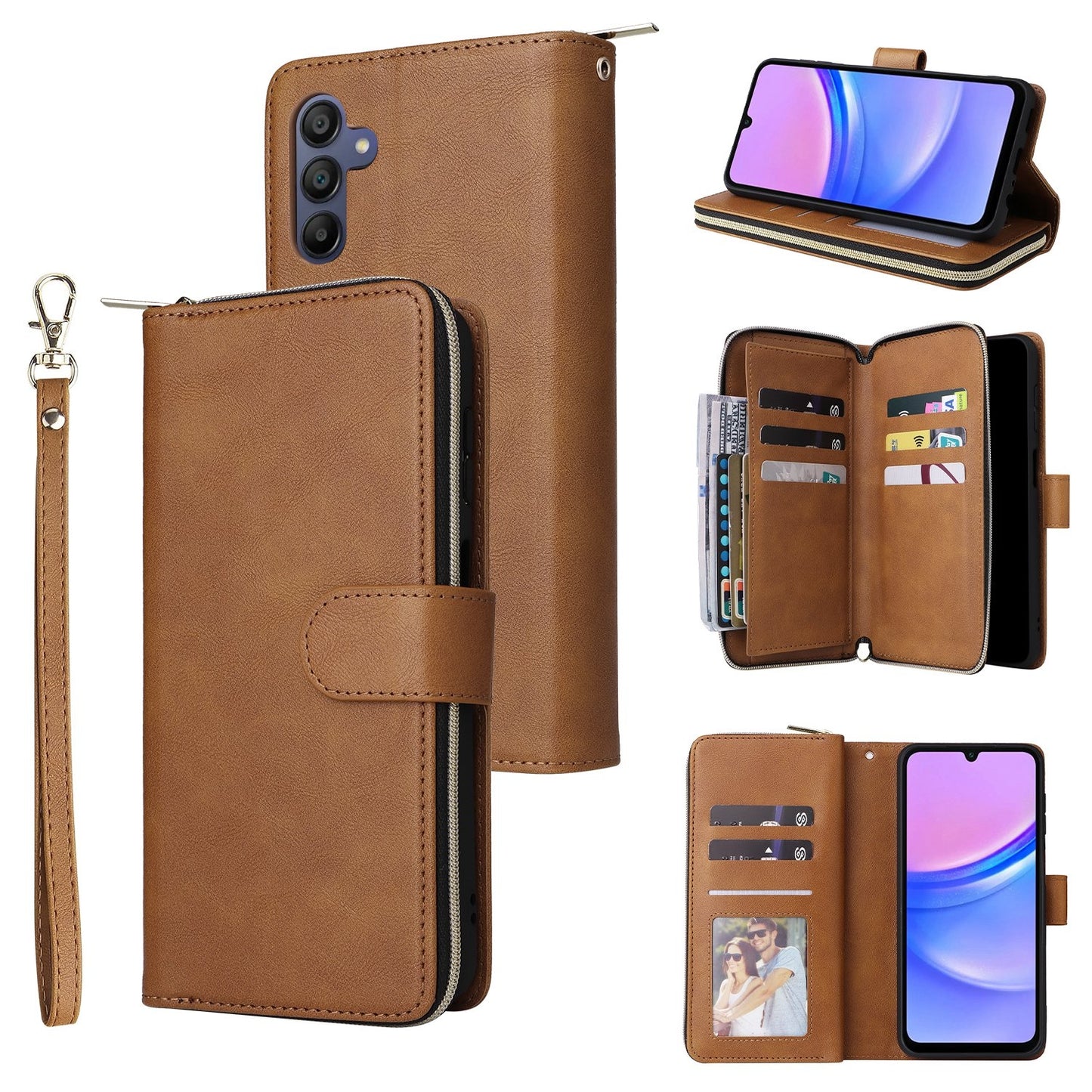Samsung Galaxy A16 5G Leather Wallet Case with 9 Card Slots, Zipped Cash Pocket & Kickstand - Premium PU TPU Protective Cover with Wrist Strap