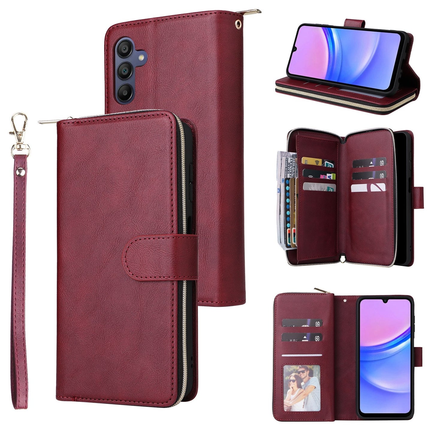 Samsung Galaxy A16 5G Leather Wallet Case with 9 Card Slots, Zipped Cash Pocket & Kickstand - Premium PU TPU Protective Cover with Wrist Strap