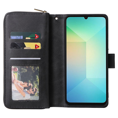 Samsung Galaxy A06 4G Leather Wallet Case with 9 Card Slots, Zipped Cash Pocket & Kickstand - Premium PU TPU Protective Cover with Wrist Strap