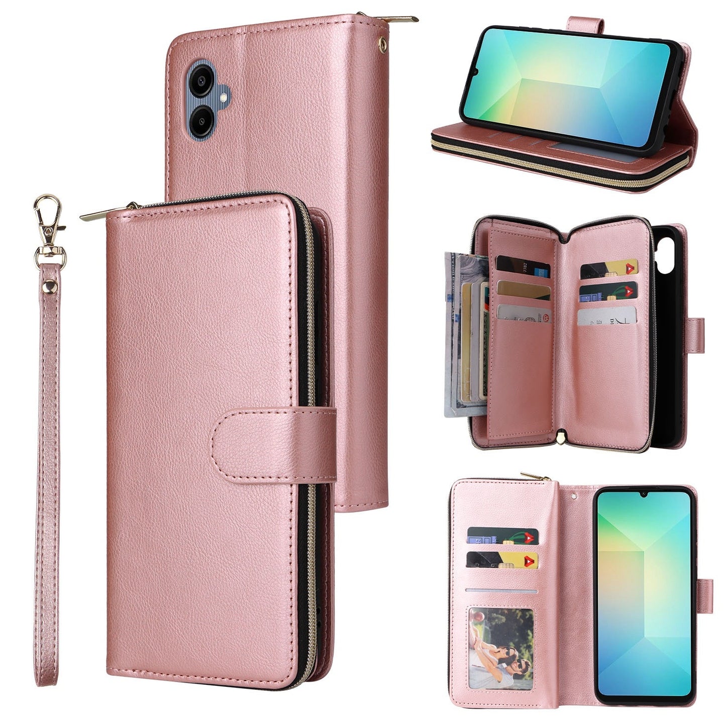 Samsung Galaxy A06 4G Leather Wallet Case with 9 Card Slots, Zipped Cash Pocket & Kickstand - Premium PU TPU Protective Cover with Wrist Strap