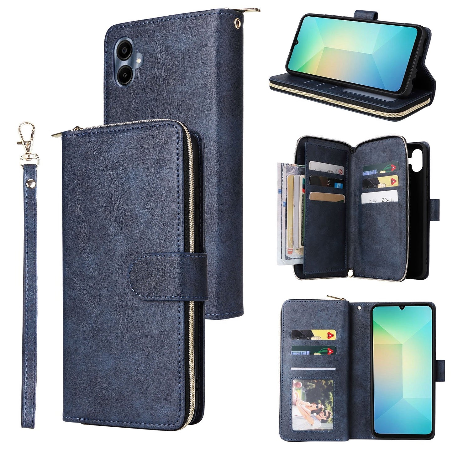 Samsung Galaxy A06 4G Leather Wallet Case with 9 Card Slots, Zipped Cash Pocket & Kickstand - Premium PU TPU Protective Cover with Wrist Strap