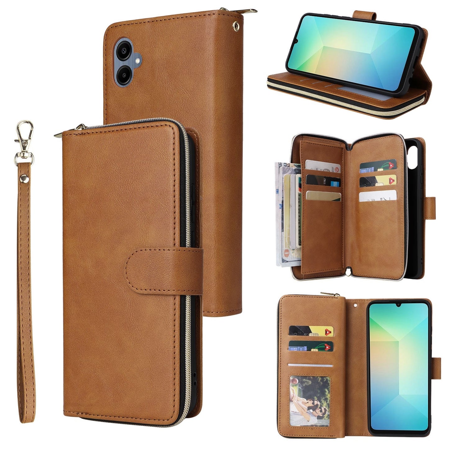 Samsung Galaxy A06 4G Leather Wallet Case with 9 Card Slots, Zipped Cash Pocket & Kickstand - Premium PU TPU Protective Cover with Wrist Strap