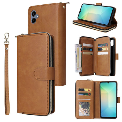 Samsung Galaxy A06 4G Leather Wallet Case with 9 Card Slots, Zipped Cash Pocket & Kickstand - Premium PU TPU Protective Cover with Wrist Strap