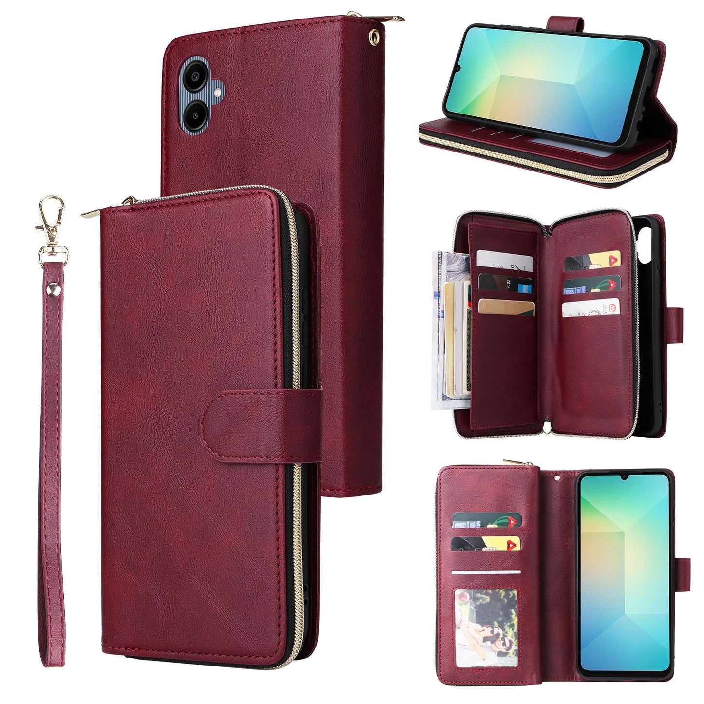 Samsung Galaxy A06 4G Leather Wallet Case with 9 Card Slots, Zipped Cash Pocket & Kickstand - Premium PU TPU Protective Cover with Wrist Strap