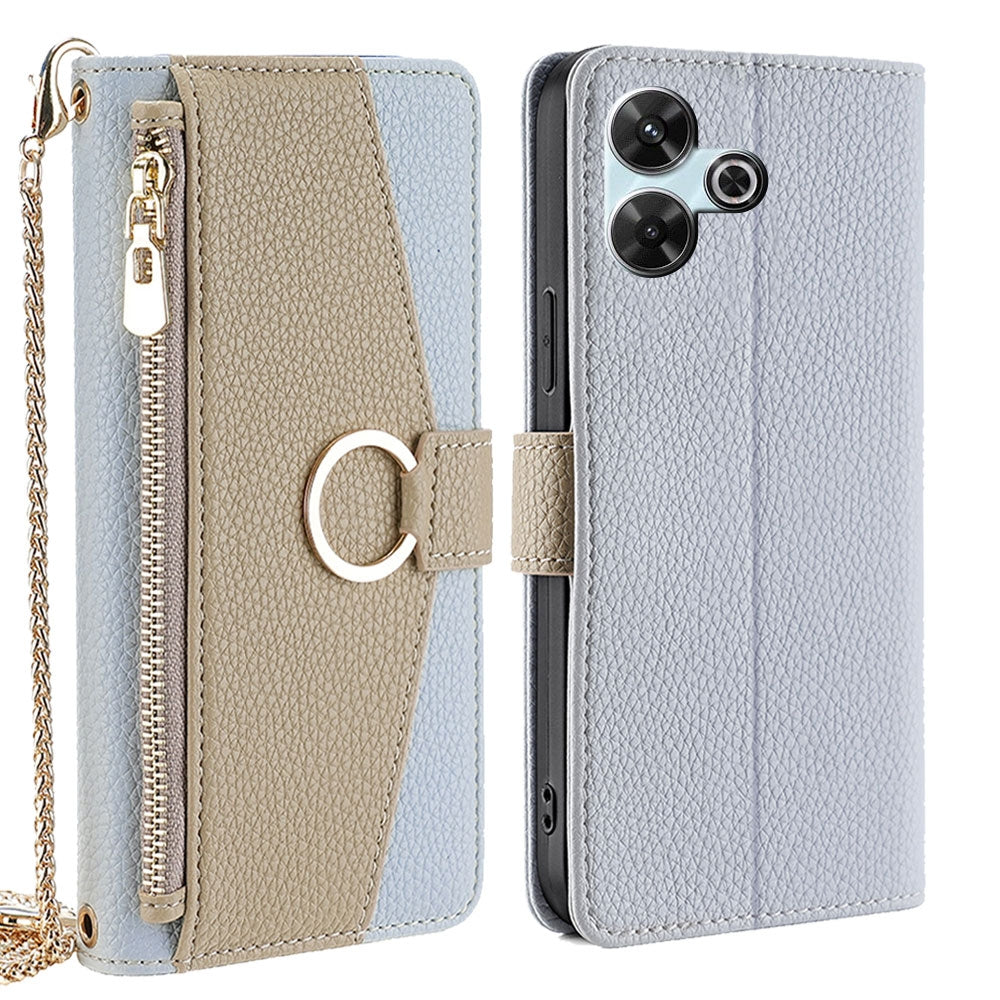 Redmi 13 4G Crossbody Phone Case with Litchi Texture Leather, Adjustable Kickstand, Card Slots, Zipper Purse, Makeup Mirror, and TPU Protection