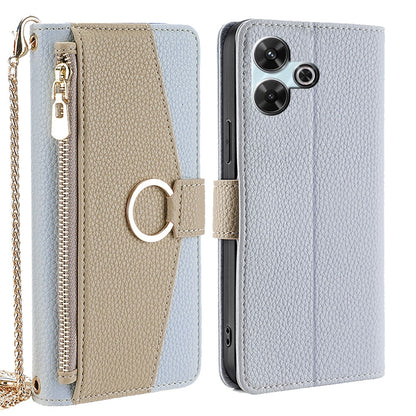 Redmi 13 4G Crossbody Phone Case with Litchi Texture Leather, Adjustable Kickstand, Card Slots, Zipper Purse, Makeup Mirror, and TPU Protection
