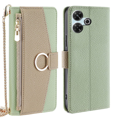 Redmi 13 4G Crossbody Phone Case with Litchi Texture Leather, Adjustable Kickstand, Card Slots, Zipper Purse, Makeup Mirror, and TPU Protection