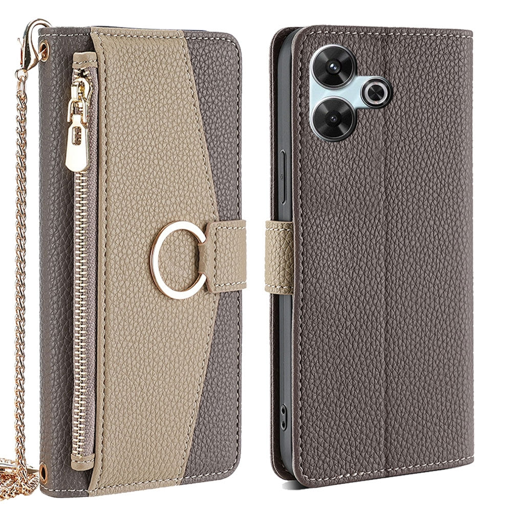 Redmi 13 4G Crossbody Phone Case with Litchi Texture Leather, Adjustable Kickstand, Card Slots, Zipper Purse, Makeup Mirror, and TPU Protection