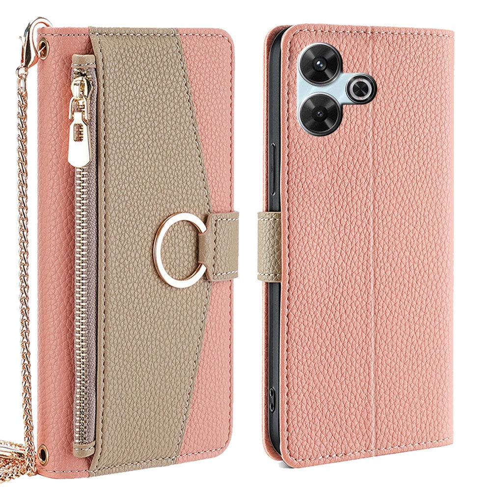Redmi 13 4G Crossbody Phone Case with Litchi Texture Leather, Adjustable Kickstand, Card Slots, Zipper Purse, Makeup Mirror, and TPU Protection