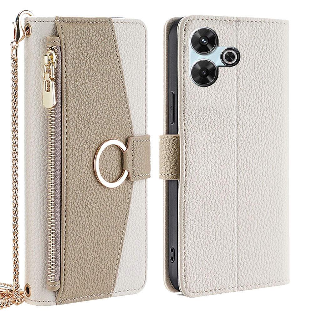 Redmi 13 4G Crossbody Phone Case with Litchi Texture Leather, Adjustable Kickstand, Card Slots, Zipper Purse, Makeup Mirror, and TPU Protection