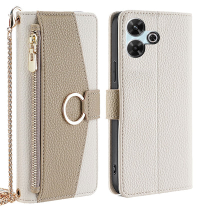 Redmi 13 4G Crossbody Phone Case with Litchi Texture Leather, Adjustable Kickstand, Card Slots, Zipper Purse, Makeup Mirror, and TPU Protection