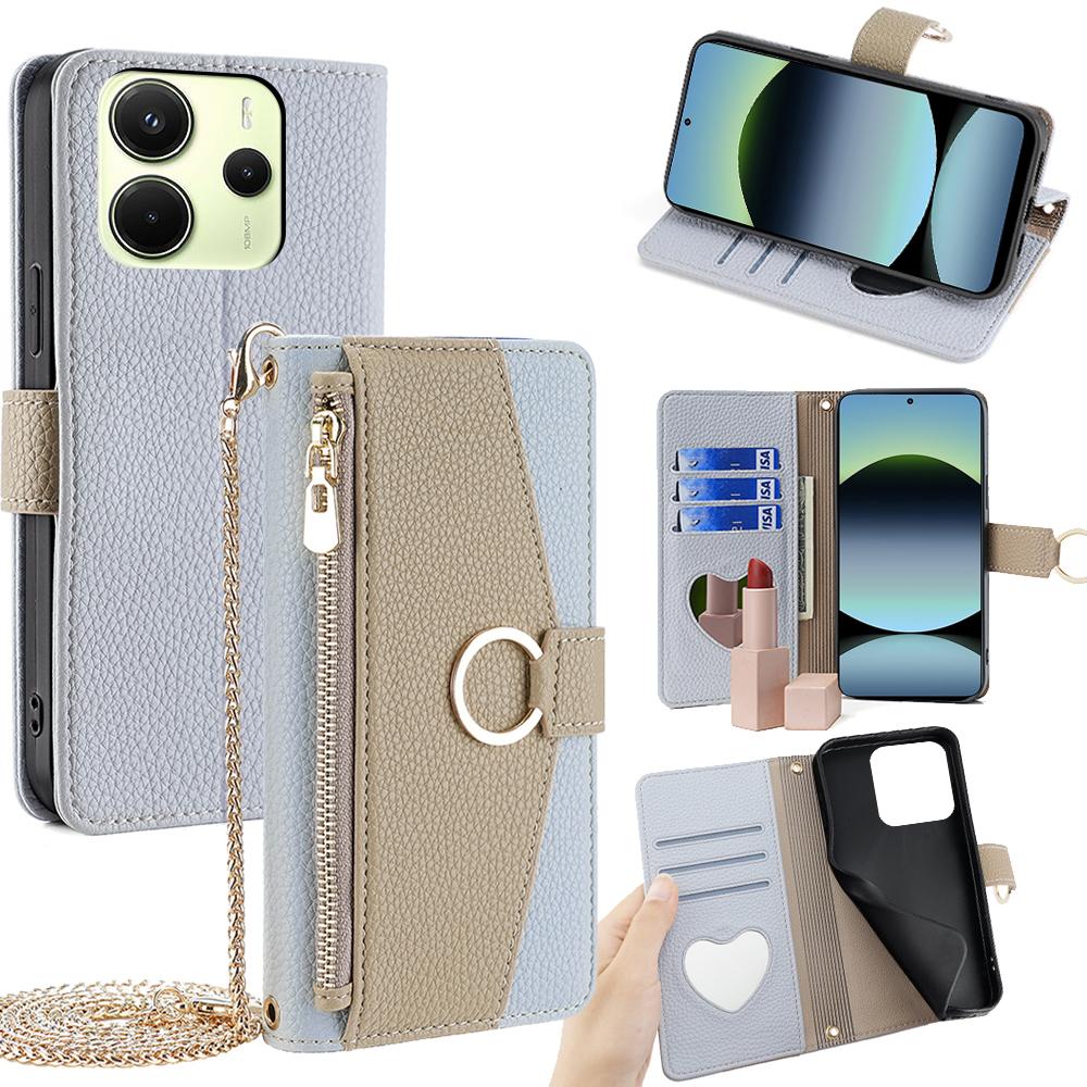 Redmi Note 14 4G 163.25mm Crossbody Phone Case with Litchi Texture Leather, Adjustable Kickstand, Card Slots, Zipper Purse, Makeup Mirror, and TPU Protection