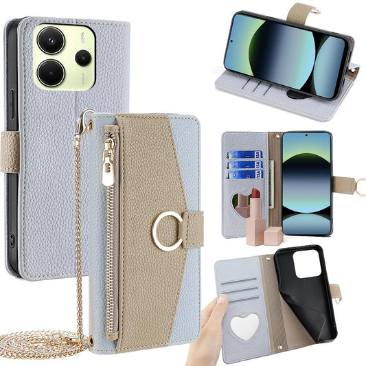 Redmi Note 14 4G 163.25mm Crossbody Phone Case with Litchi Texture Leather, Adjustable Kickstand, Card Slots, Zipper Purse, Makeup Mirror, and TPU Protection