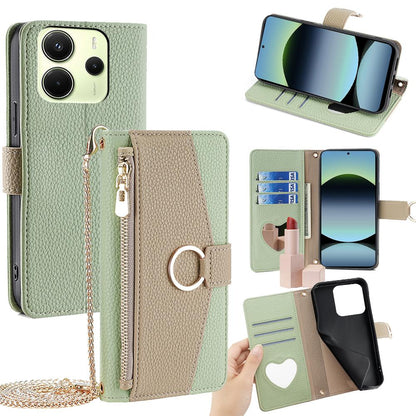 Redmi Note 14 4G 163.25mm Crossbody Phone Case with Litchi Texture Leather, Adjustable Kickstand, Card Slots, Zipper Purse, Makeup Mirror, and TPU Protection