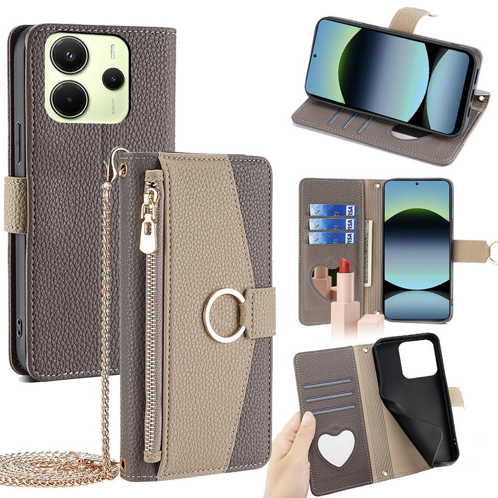 Redmi Note 14 4G 163.25mm Crossbody Phone Case with Litchi Texture Leather, Adjustable Kickstand, Card Slots, Zipper Purse, Makeup Mirror, and TPU Protection
