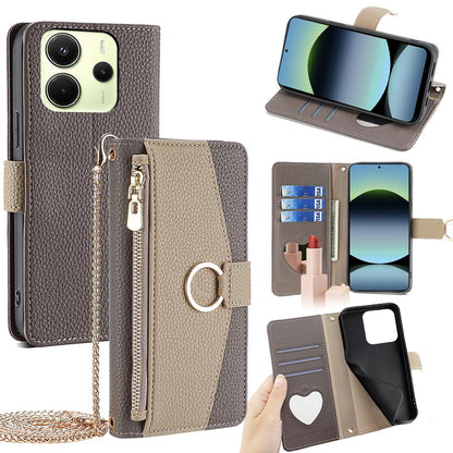 Redmi Note 14 4G 163.25mm Crossbody Phone Case with Litchi Texture Leather, Adjustable Kickstand, Card Slots, Zipper Purse, Makeup Mirror, and TPU Protection