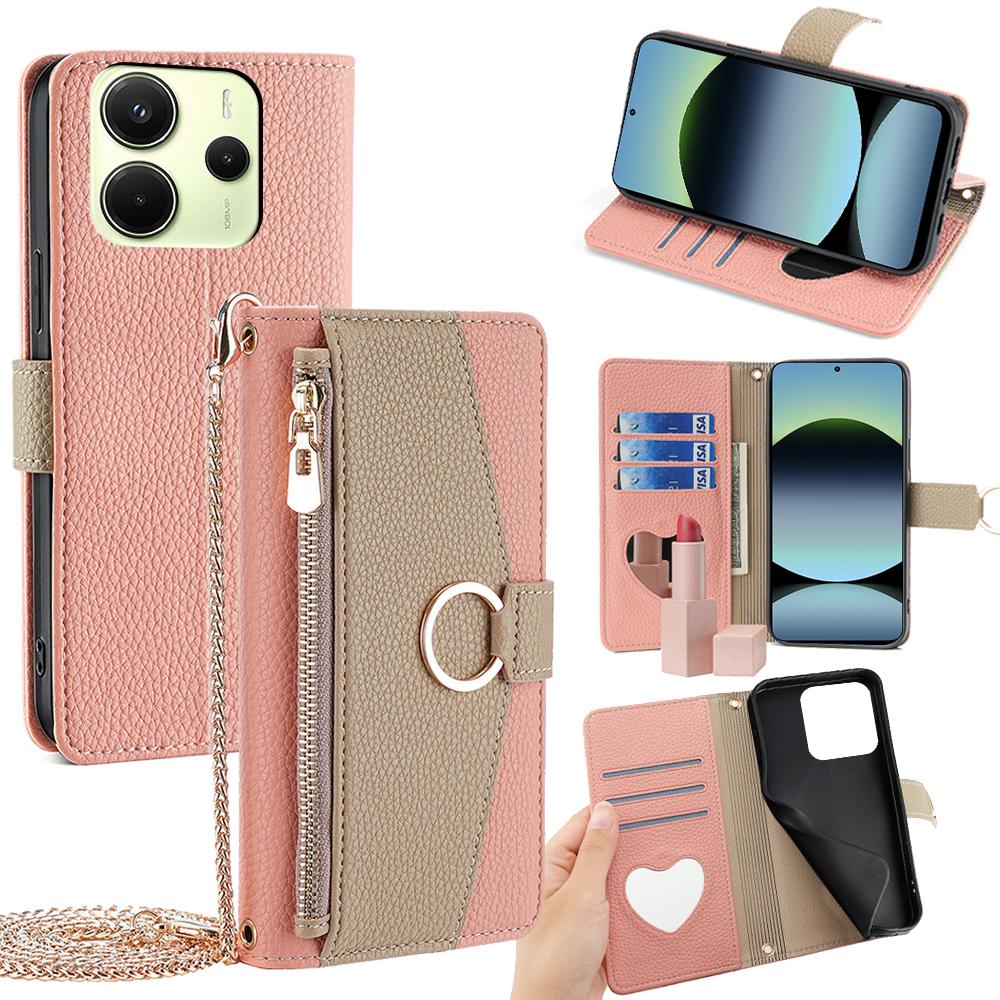 Redmi Note 14 4G 163.25mm Crossbody Phone Case with Litchi Texture Leather, Adjustable Kickstand, Card Slots, Zipper Purse, Makeup Mirror, and TPU Protection