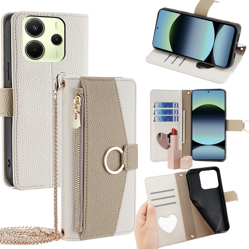 Redmi Note 14 4G 163.25mm Crossbody Phone Case with Litchi Texture Leather, Adjustable Kickstand, Card Slots, Zipper Purse, Makeup Mirror, and TPU Protection